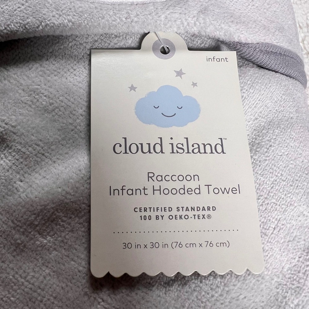Cloud Island Raccoon Infant Hooded Towel Gray Soft Plush Baby Bath Time NWT - Picture 7 of 7